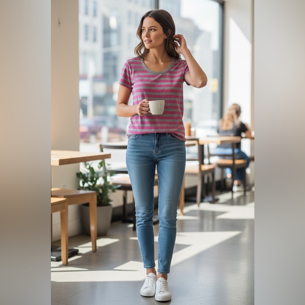 🌺 Pink & Gray Striped T-Shirt - Picture 2 of 4